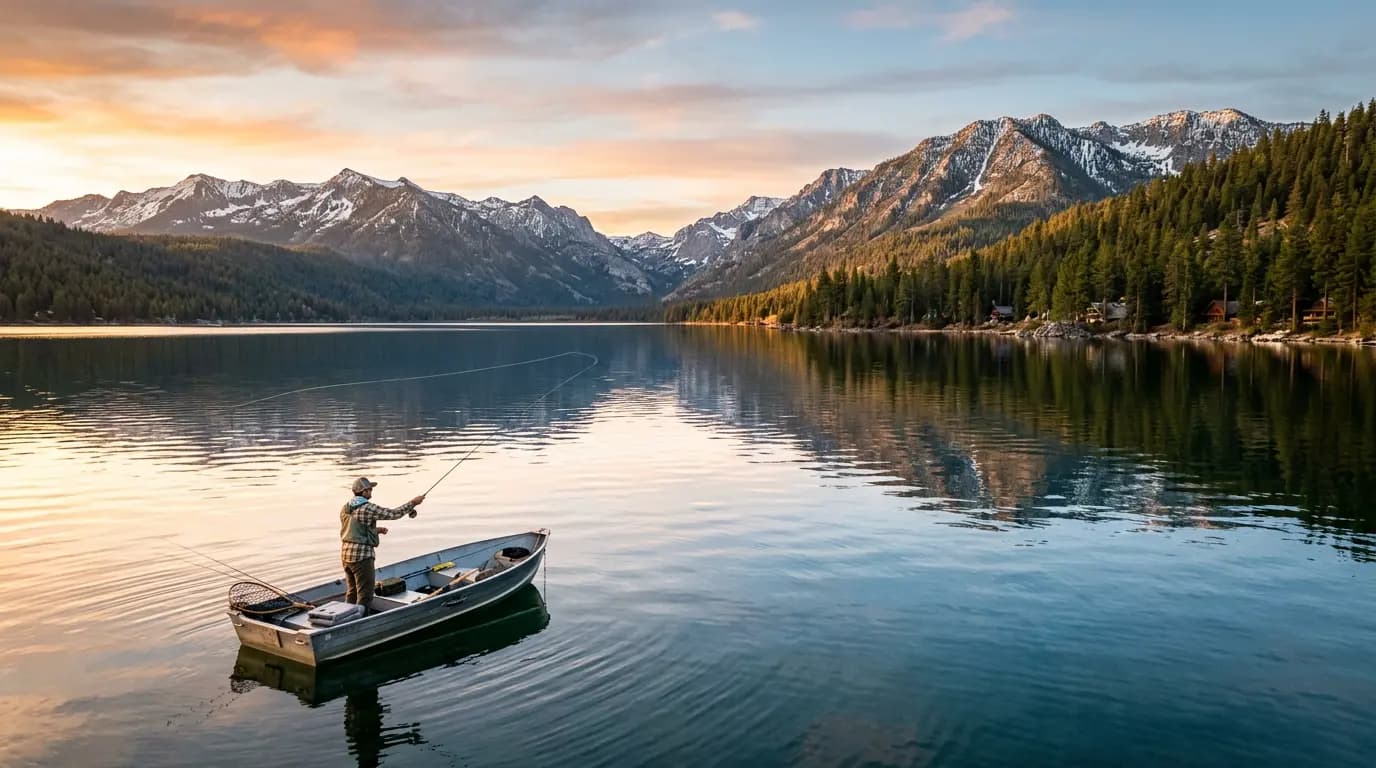 Angler fishing on a mountain lake at sunset